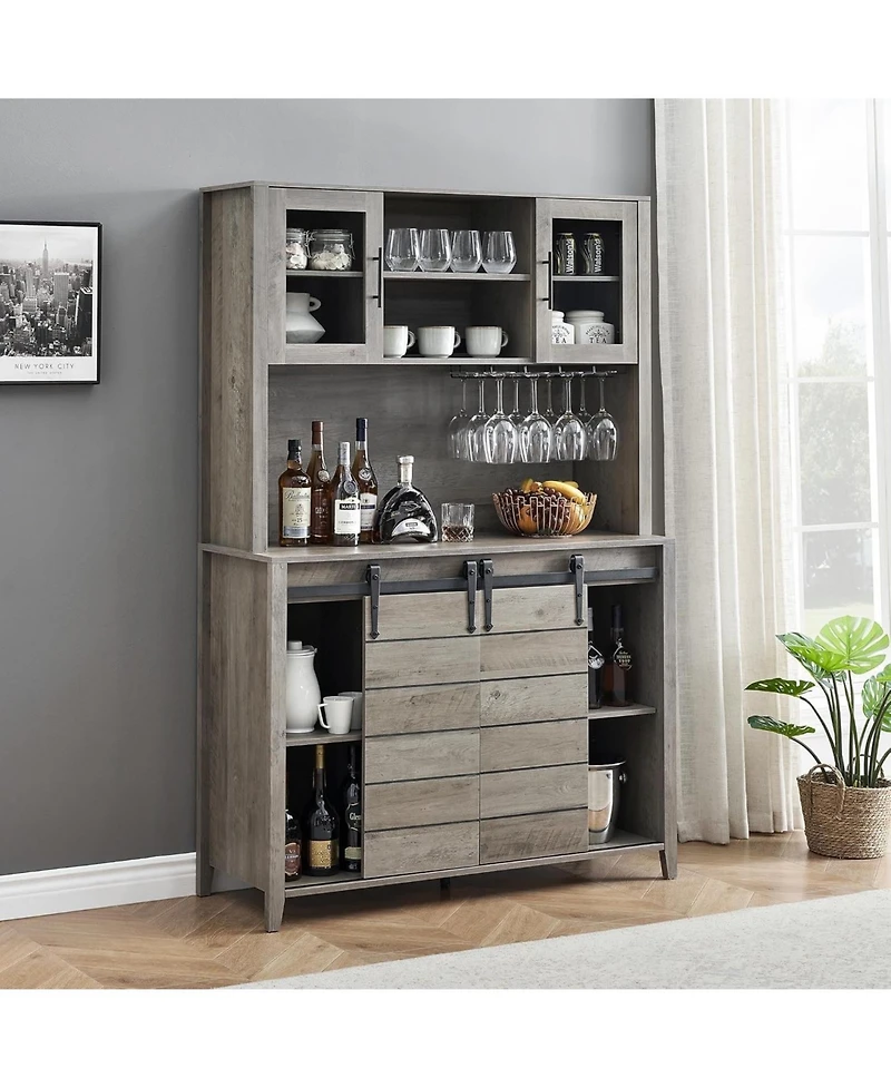 70 in Tall Farmhouse Coffee Bar Cabinet, Kitchen Hutch with Sliding Barn Door, Buffet with Wine Rack and Glass Holder for Dining Room, Living Room