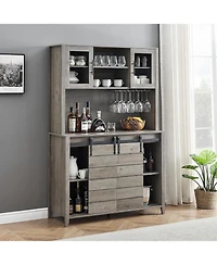 70 in Tall Farmhouse Coffee Bar Cabinet, Kitchen Hutch with Sliding Barn Door, Buffet with Wine Rack and Glass Holder for Dining Room, Living Room