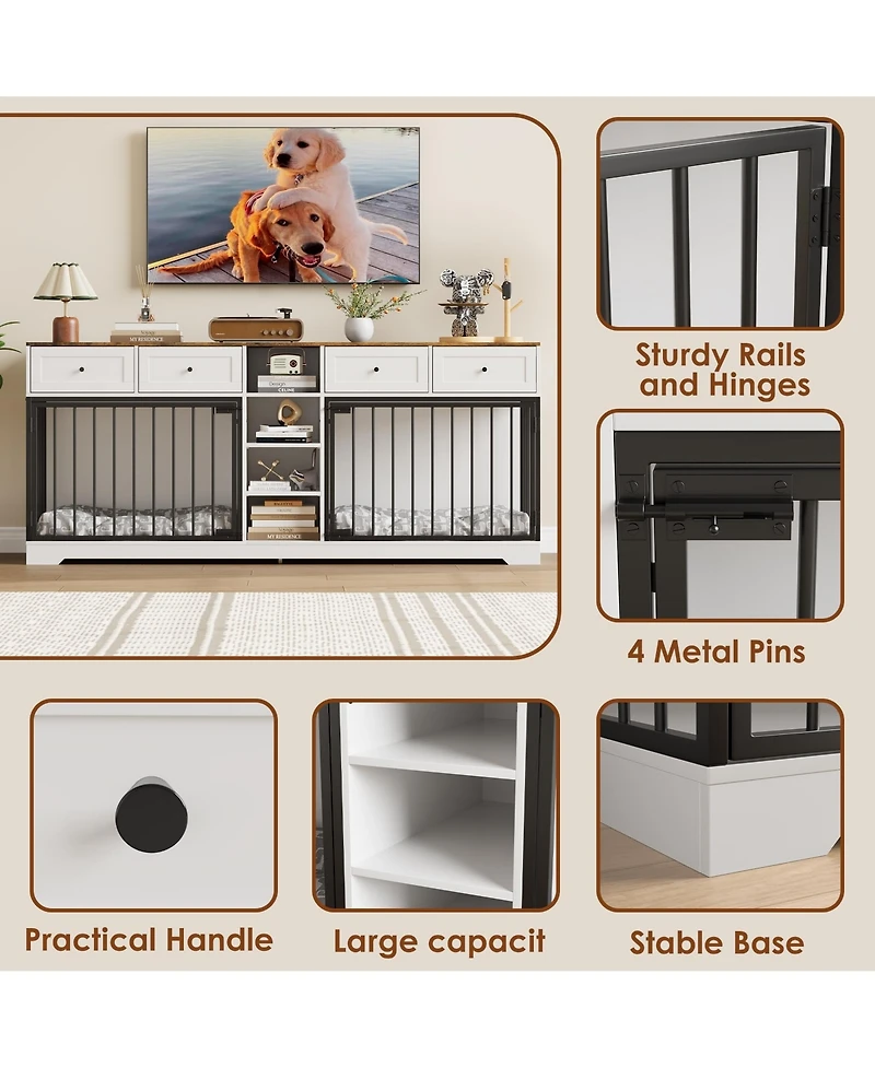 82" Double Dog Crate Furniture with Drawers and Shelves, Heavy Duty Wooden Dog Crate Tv Stand, Large Dog Kennel Indoor for 2 Medium/Large Dogs