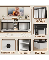 82" Double Dog Crate Furniture with Drawers and Shelves, Heavy Duty Wooden Dog Crate Tv Stand, Large Dog Kennel Indoor for 2 Medium/Large Dogs