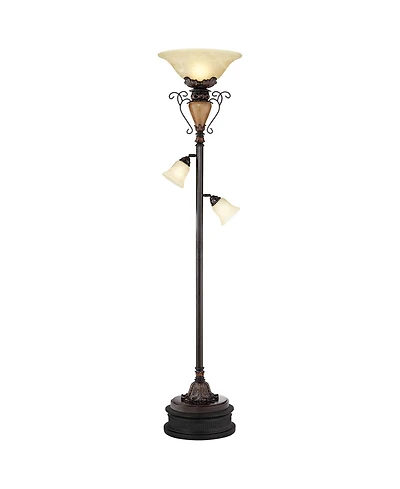 Regency Hill Ludo Rustic Vintage Torchiere Floor Lamp with Black Riser Side Lights 72" Tall Bronze Crackle Adjustable Alabaster Glass for Living Room