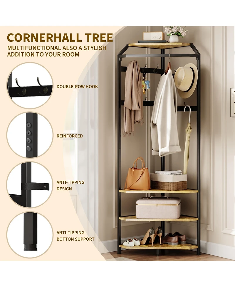Corner Hall Tree Coat Rack with Shoe Bench, 12 Hooks and Hanging Rod, Space-Saving Storage Organizer for Entryway Bedroom Living Room