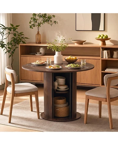 Small Round Dining Table for 2-4, 31.5" Engineered Wood Kitchen Table with Center Storage Column, Farmhouse Space-Saving Design for Apartment