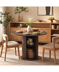 Small Round Dining Table for 2-4, 31.5" Engineered Wood Kitchen Table with Center Storage Column, Farmhouse Space-Saving Design for Apartment