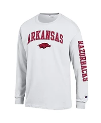Champion Men's White Arkansas Razorbacks Arch Over Logo 2-Hit Long sleeves T-Shirt