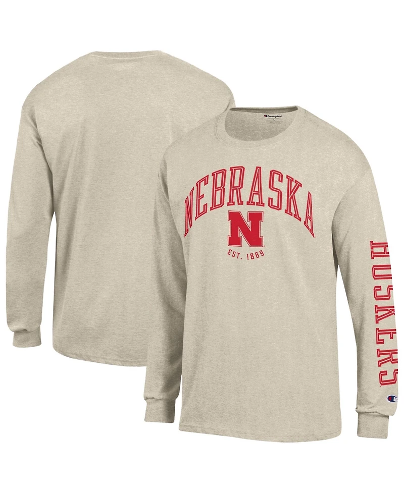 Champion Men's Heather Oatmeal Nebraska Huskers Neutral Arch Long-Sleeve T-Shirt