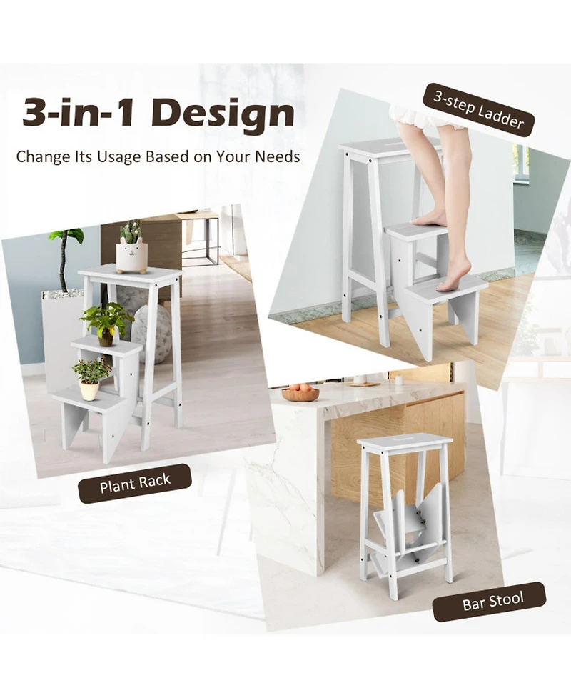 Sugift 3-in-1 Solid Wood Folding Step Stool Bench with 3 Tiers and Carrying Handle