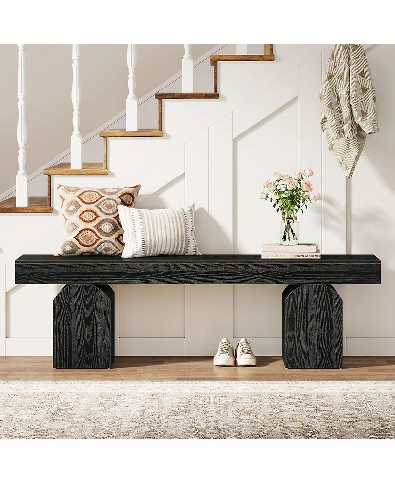 Tribesigns 59" Modern Entryway Bench, Black Wooden Shoe Bench with Arched Base, Sturdy End of Bed Bench for Entryway, Living Room and Bedroom