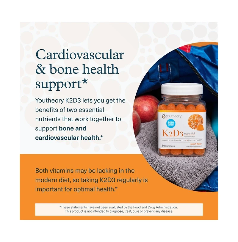 Youtheory K2D3 Bone and Heart Health Support Combines Vitamin D3 and Vitamin K2 Dairy, Soy and Gluten Free Peach, 60 Vegetarian Gummies
