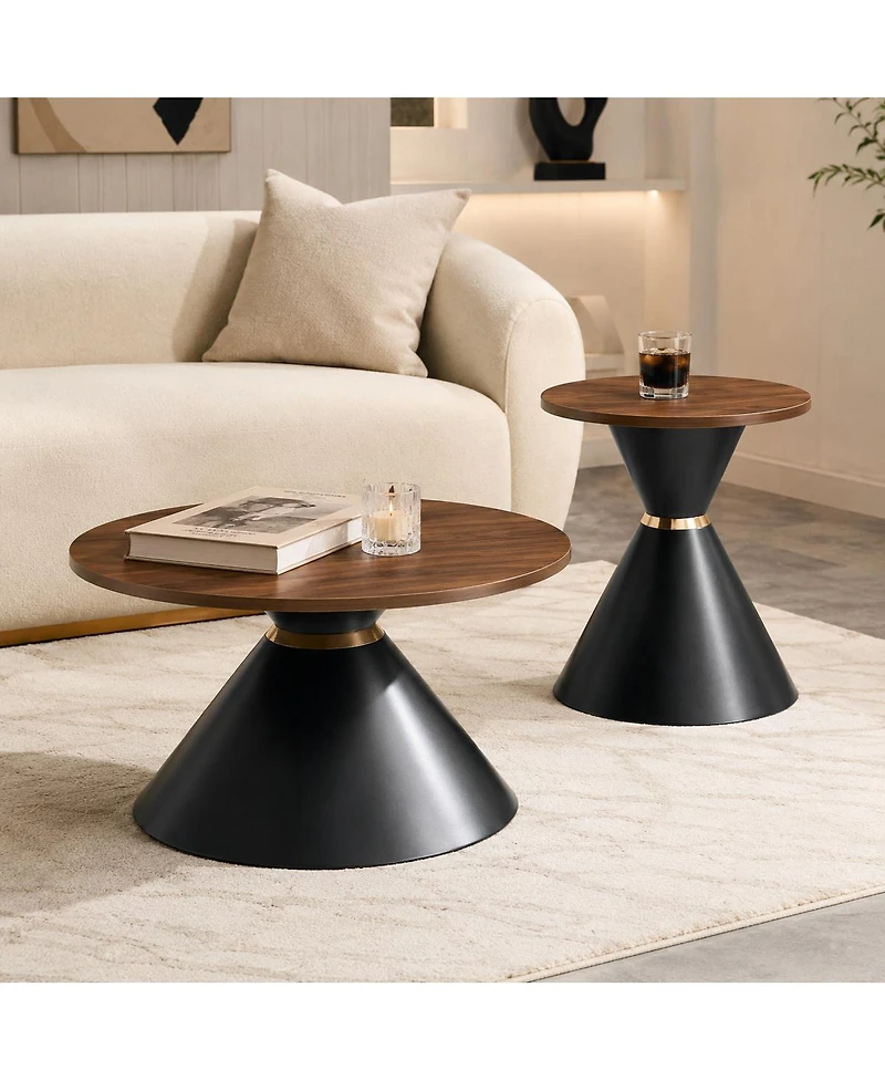 Streamdale Furniture 2-Piece Walnut Textured Round Coffee Table Set with Metal Base
