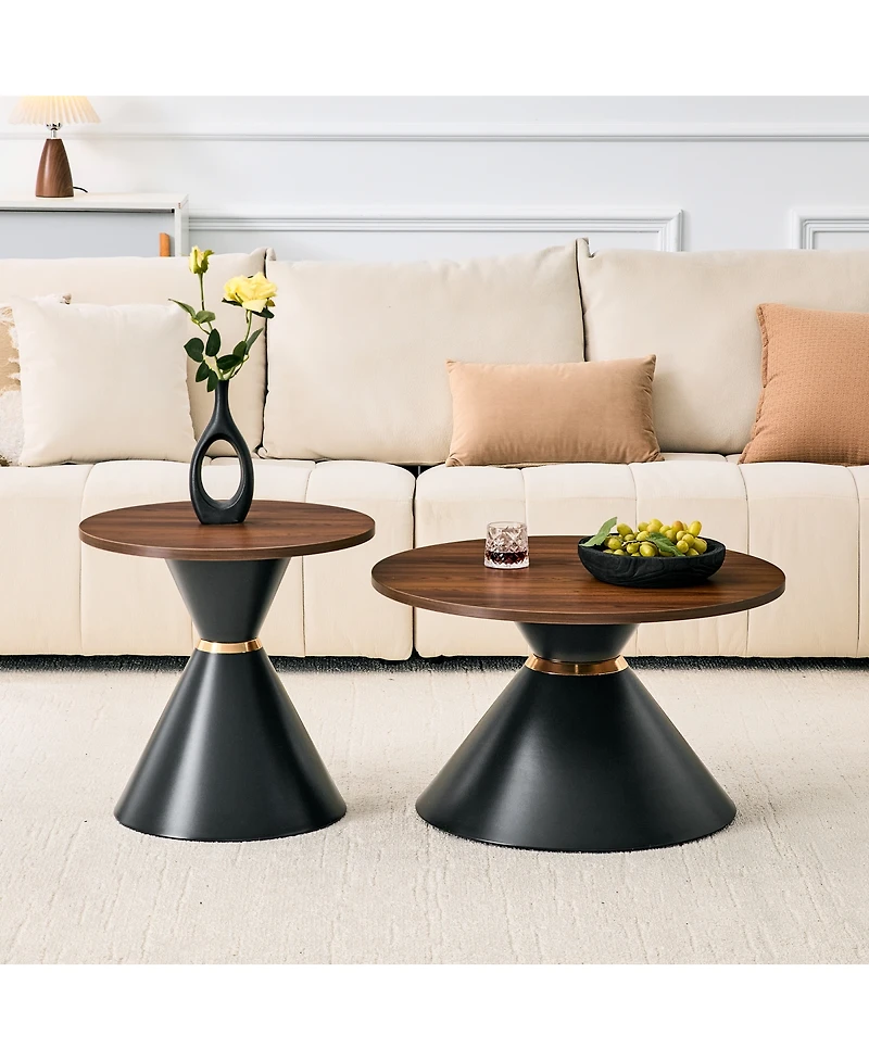 Streamdale Furniture 2-Piece Walnut Textured Round Coffee Table Set with Metal Base