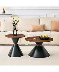 Streamdale Furniture 2-Piece Walnut Textured Round Coffee Table Set with Metal Base