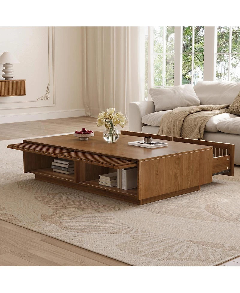 Streamdale Furniture Mid Century Modern Solid Wood Coffee Table with Slatted Storage Drawers