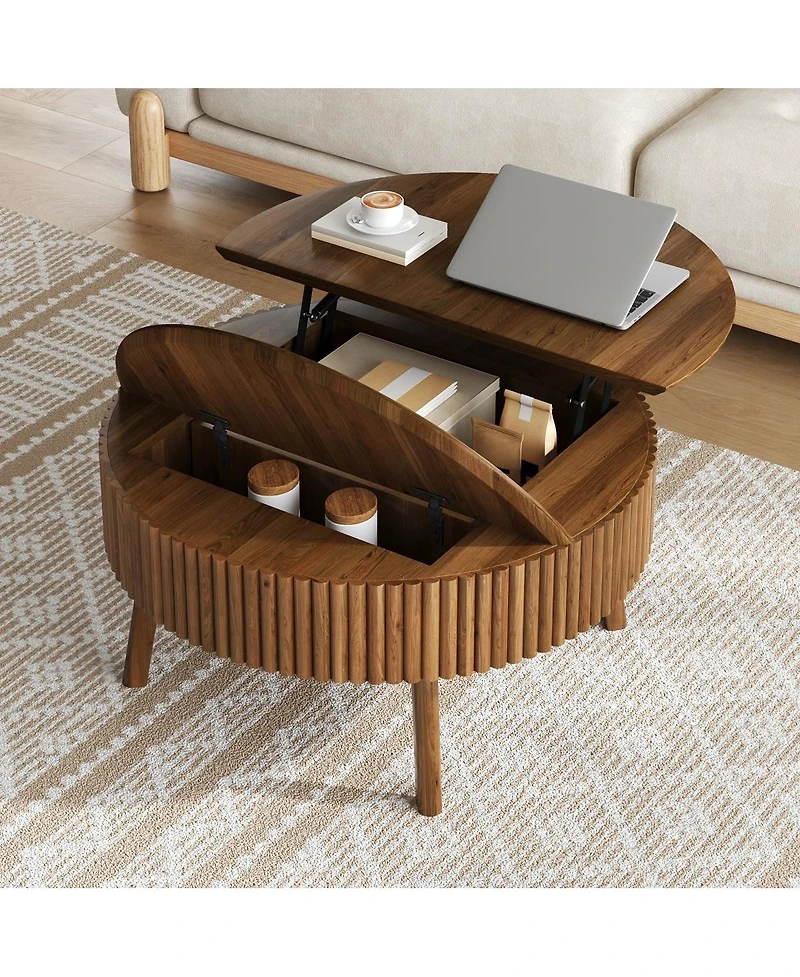 Streamdale Furniture Modern Round Lift-Top Fluted Coffee Table with Hidden Storage, Walnut