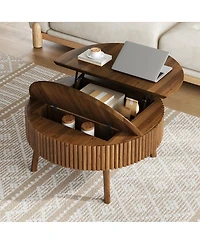Streamdale Furniture Modern Round Lift-Top Fluted Coffee Table with Hidden Storage, Walnut