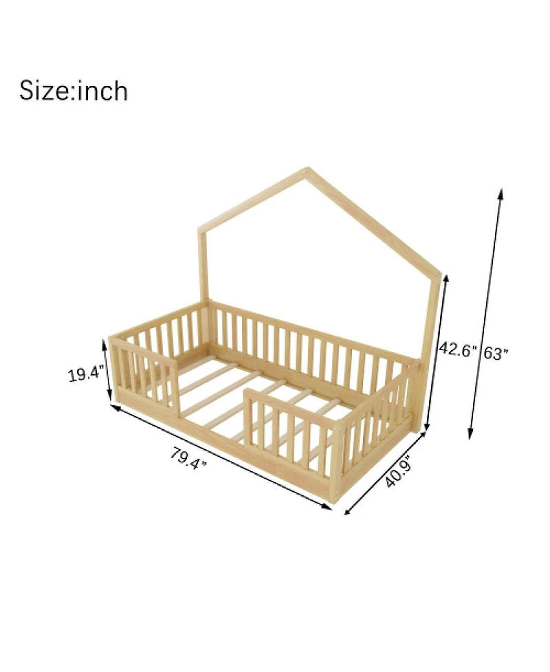 Streamdale Furniture Twin Floor Bed with High Rails and Light for Kids