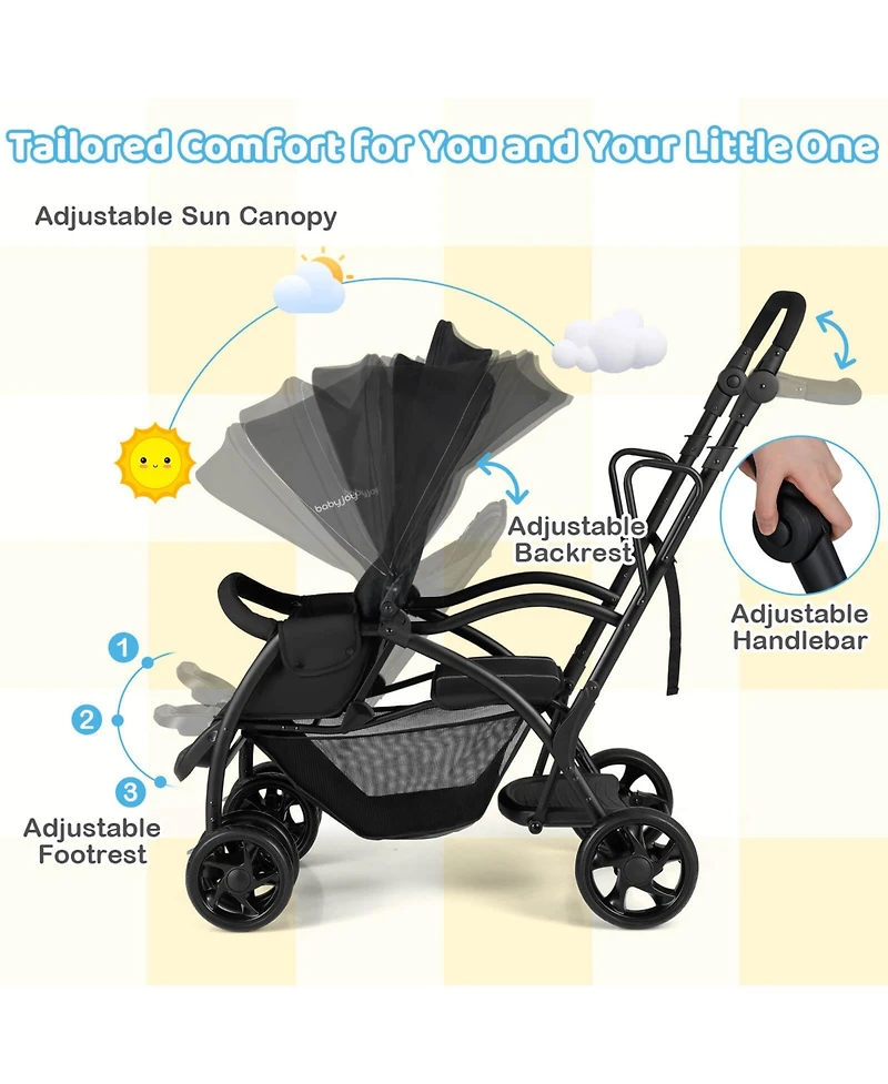 Costway Sit and Stand Double Stroller with Adjustable Handle Bar Backrests Footrest Canopies