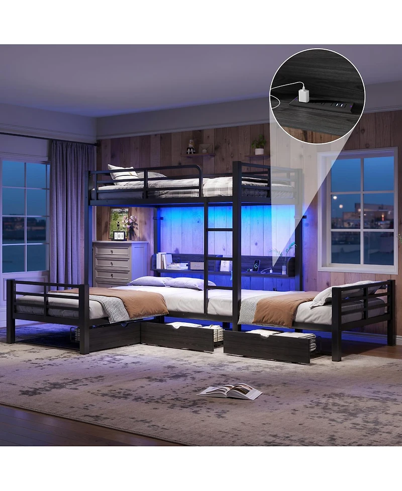 Streamdale Furniture Triple Twin L-Shaped Loft Bed with Storage, Led and Usb
