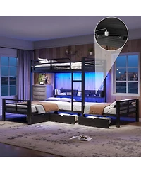 Streamdale Furniture Triple Twin L-Shaped Loft Bed with Storage, Led and Usb