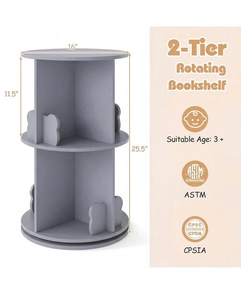 Sugift 2-Tier Rotating Kids Bookshelf 360-Degree Spinning Storage Rack with Bear Baffles