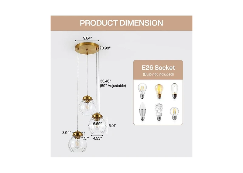 Tribesigns 3-Light Pendant Lighting Fixtures with Adjustable Hanging Cords, Hammered Glass Globe Shades