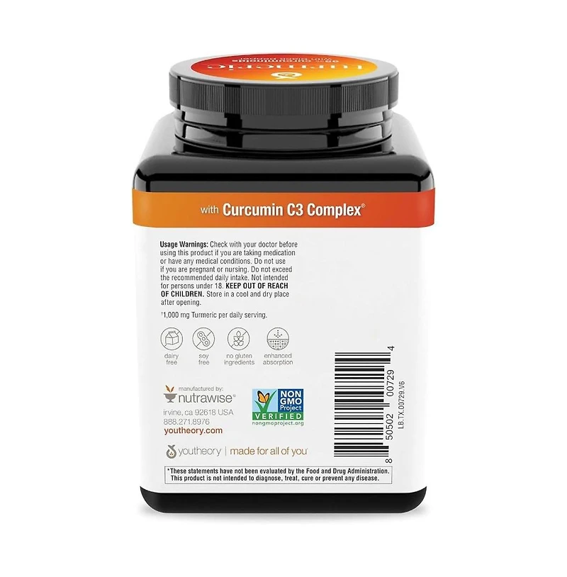 Youtheory Turmeric Extra Strength 1000 Milligram Turmeric Supplement with 10 Milligram Pepper 180 Vegetarian Capsules 2 Pack