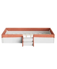 Streamdale Furniture Twin Upholstered Floor Bed with Fence, Steps and Led Lights