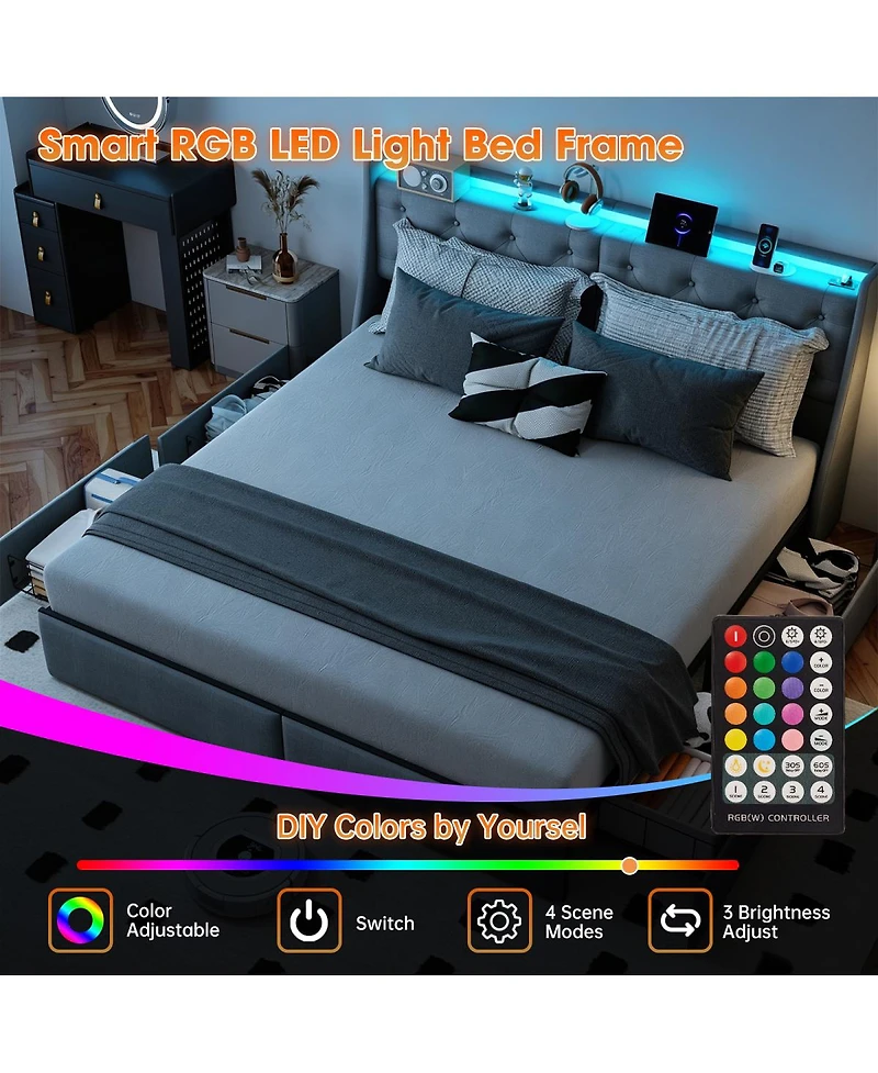Streamdale Furniture King Size Led Storage Bed Frame with 4 Drawers and Charging Station