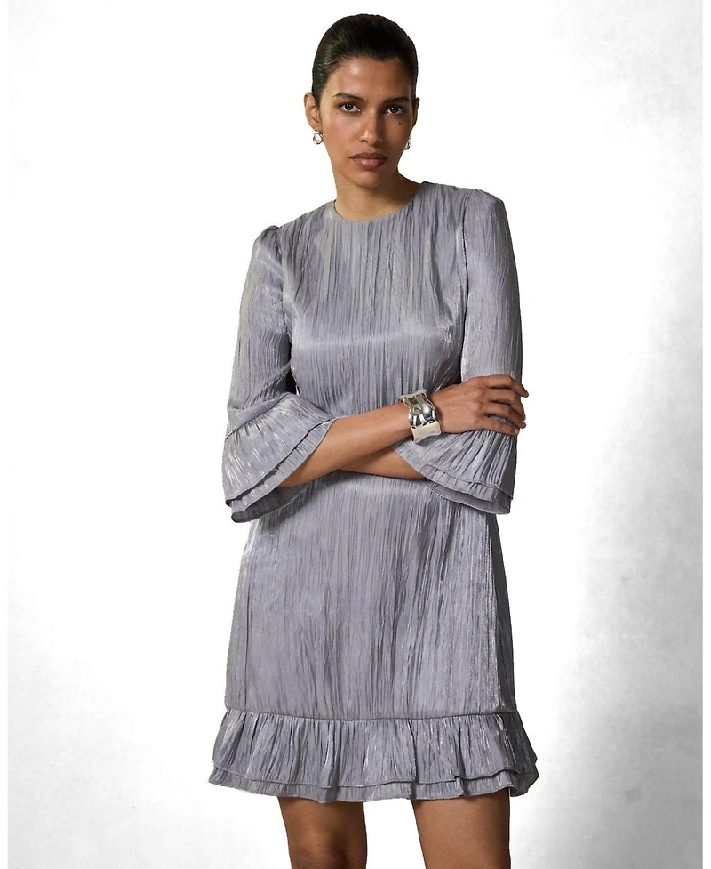 Mint Velvet Women's Metallic Ruffle 3/4-Sleeve Mini Dress