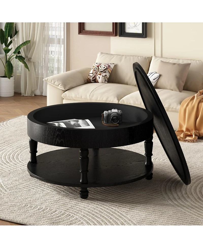 The Pop Home Solid Wood Round Lift-Top Coffee Table with Hidden Storage and Shelf