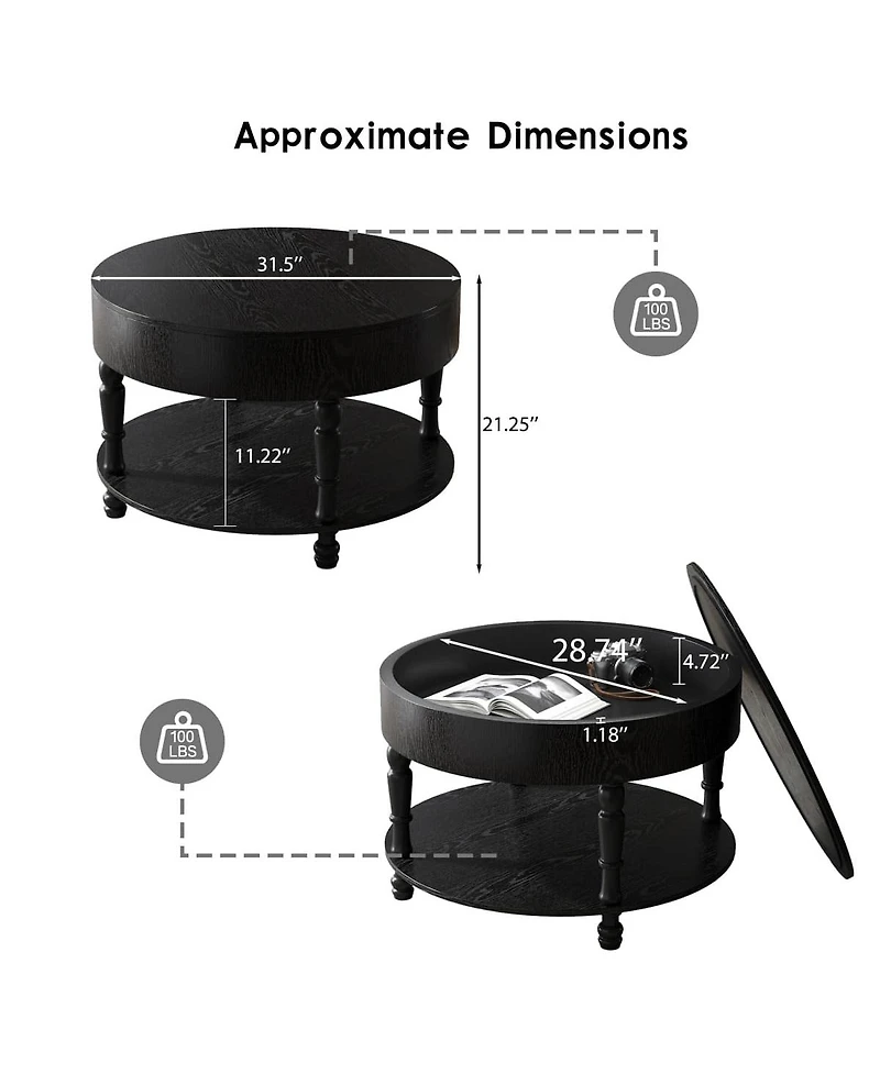 The Pop Home Solid Wood Round Lift-Top Coffee Table with Hidden Storage and Shelf