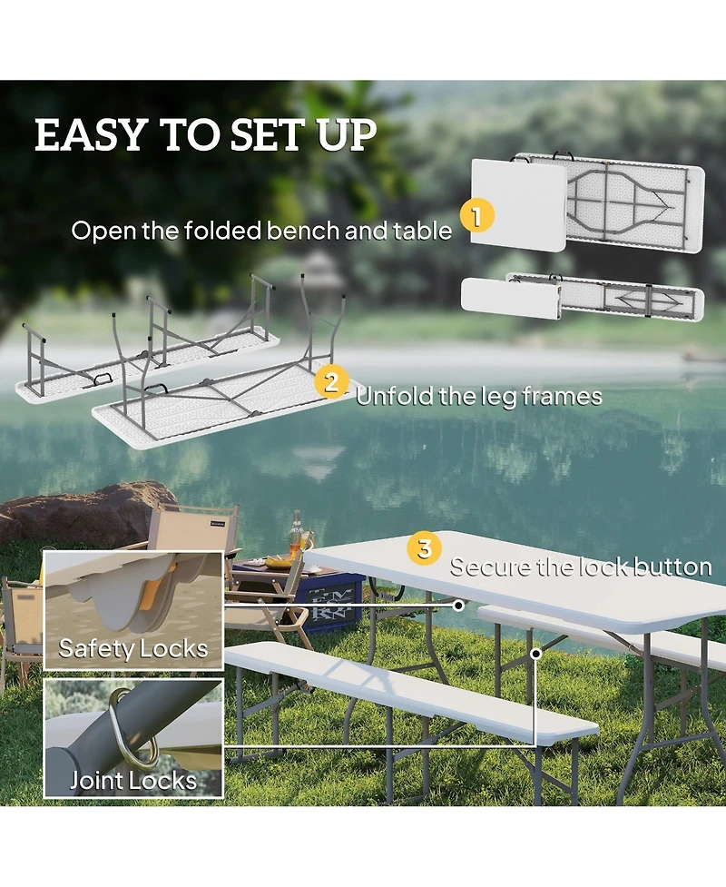 Mountaintop 6FT 3 Pieces Portable Camping Table and Chairs, Folding Picnic Table Bench Set with Carrying Handles for Bbq, Party