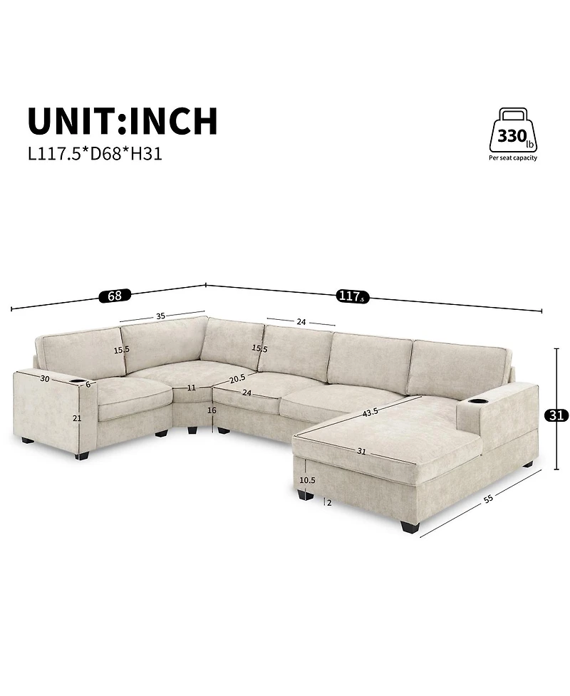 Streamdale Furniture 117.5" 6-Seat U-Shaped Chenille Sectional Sofa with Cup Holders and Chaise