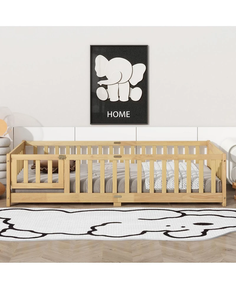 Streamdale Furniture Twin Size Wooden Floor Bed with Fence and Door