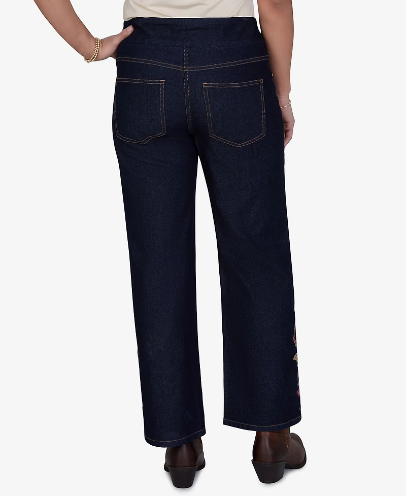 Ruby Rd. Petite Pull-On Wide-Leg Embroidered Denim Pants