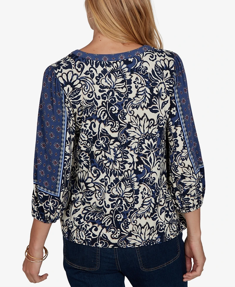 Ruby Rd. Petite Foliage Henley 3/4-Sleeve Floral-Print Blouse