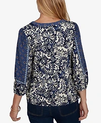 Ruby Rd. Petite Foliage Henley 3/4-Sleeve Floral-Print Blouse