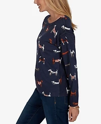 Ruby Rd. Women's Petite Dog-Print Long-Sleeve Pullover