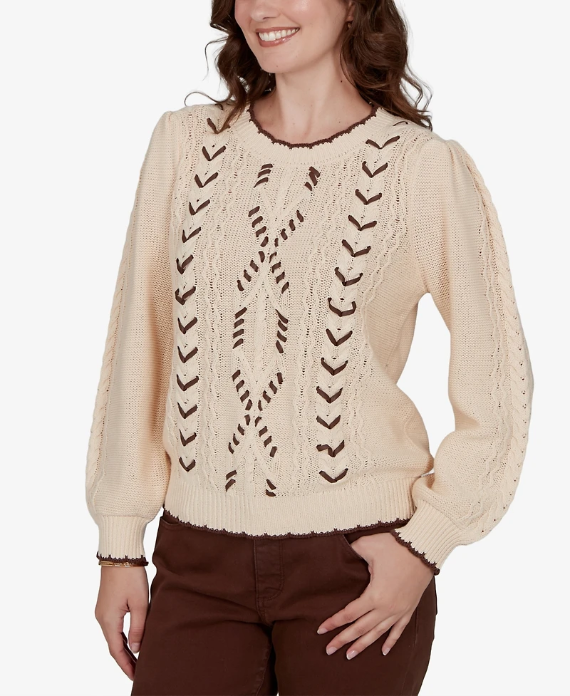 Ruby Rd. Petite Cable-Knit Scalloped-Trim Pullover