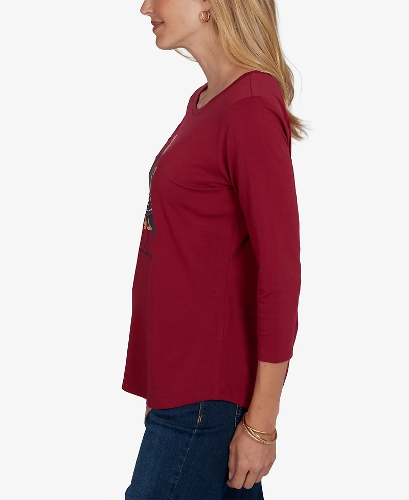 Ruby Rd. Petite Pawsitive Graphic Boat Neck 3/4-Sleeve Cotton-Blend T-Shirt