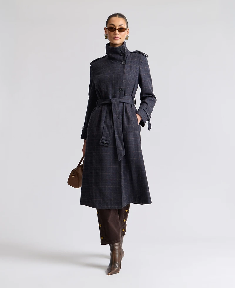 Avec Les Filles Women's Plaid Funnel Neck Belted Trench Coat