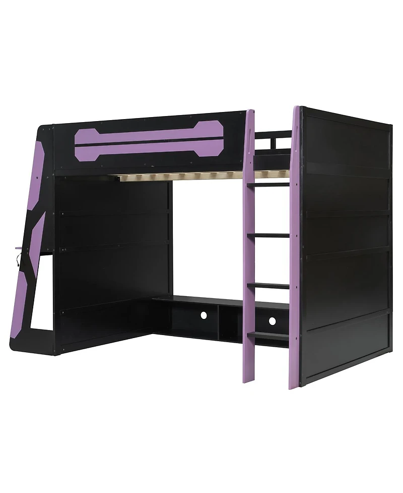 Streamdale Furniture Full Size Wood Loft Bed with Desk, Multi-storage Shelves and Rgb Light