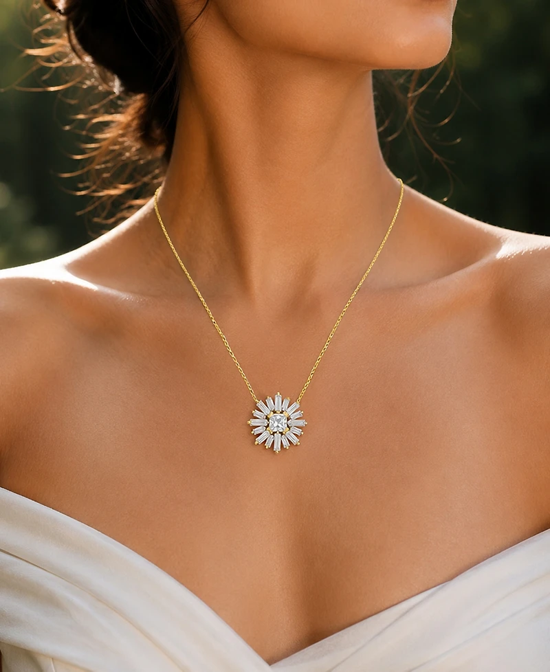 Macy's 14k Gold Over Sterling Silver Baguette and Princess Cut Cubic Zirconia Sunshine Necklace