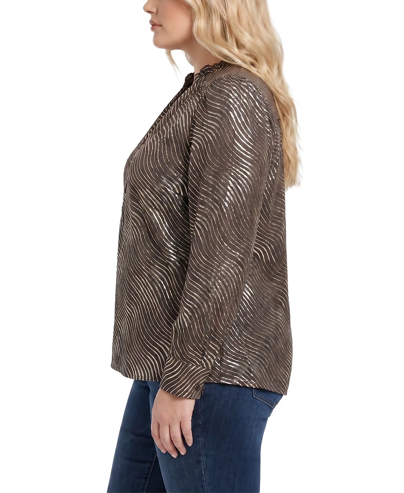 Ny Collection Plus Metallic-Print V-Neck Long-Sleeve Blouse