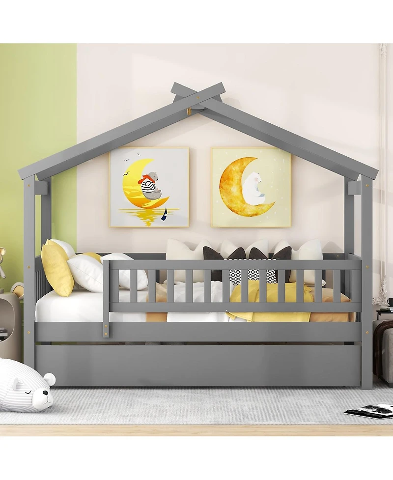 Streamdale Furniture Twin Size Wooden House Bed with Twin Size Trundle