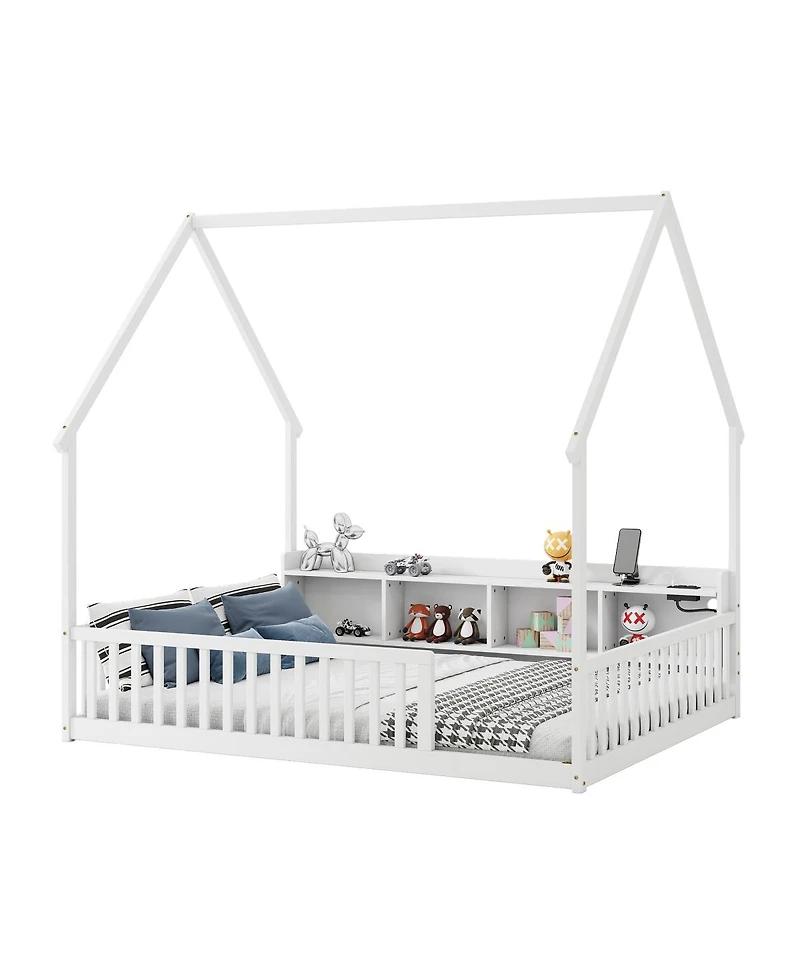 Streamdale Furniture Full House Floor Bed with Storage, Led Lights and Charging Station