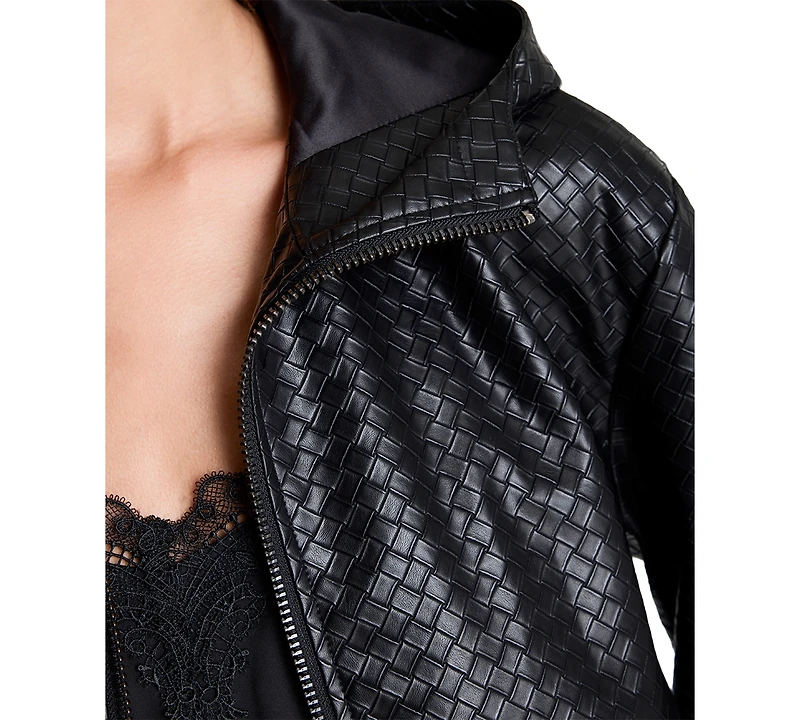 Kenneth Cole Women's Hooded Faux-Leather Basketweave Bomber Jacket