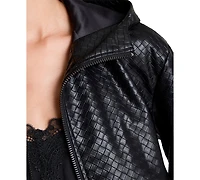 Kenneth Cole Women's Hooded Faux-Leather Basketweave Bomber Jacket