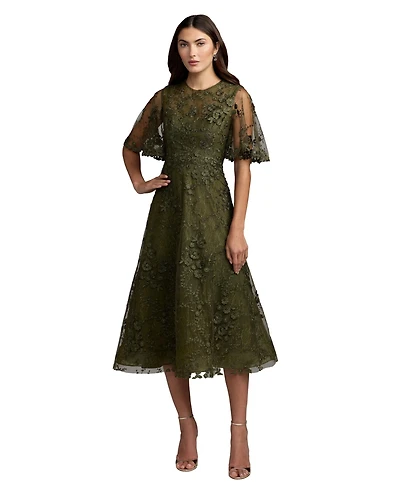 Mac Duggal Women's Flutter Sleeve Embroidered Midi Dress