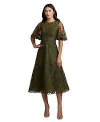 Mac Duggal Women's Flutter Sleeve Embroidered Midi Dress